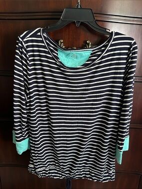 Talbots Navy and White Striped Long Sleeve Top with Mint Accents